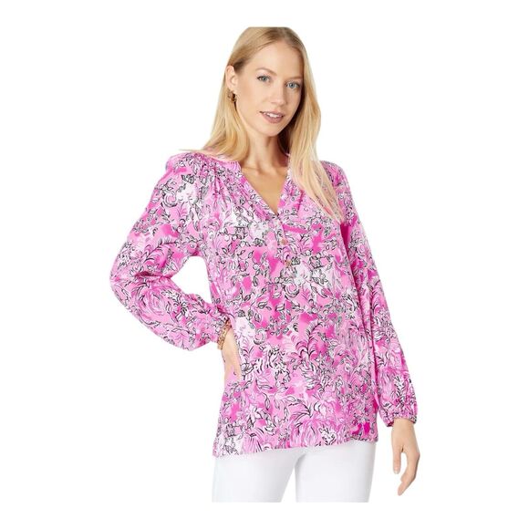LILLY PULITZER‎ Women's ELSA SHIRT - Multicolor Pink SIZE X-SMALL - SILK - Picture 1 of 16
